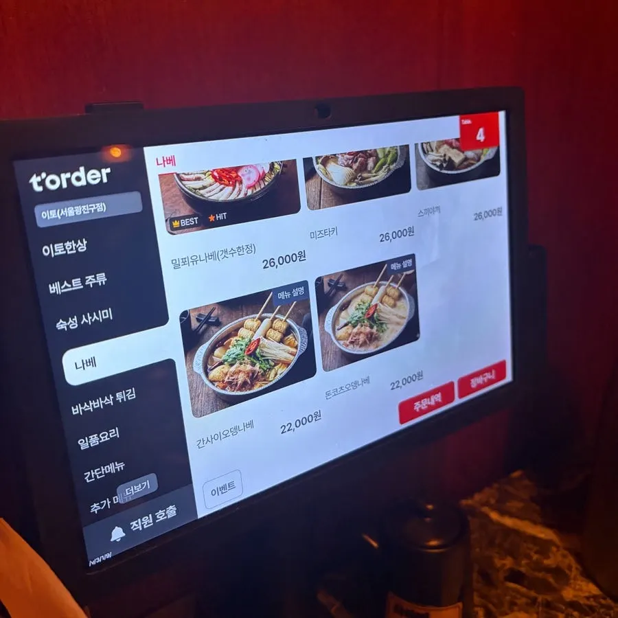 Ito's menu listing nabe and sashimi
