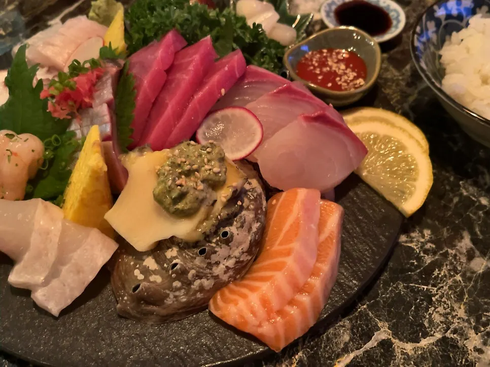 Close-up of colorfully arranged assorted sashimi