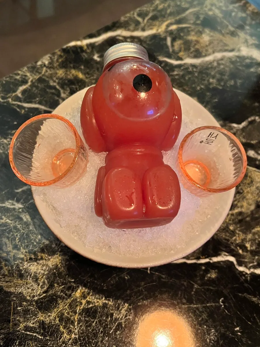 A bottle of tomato soju ordered by a friend