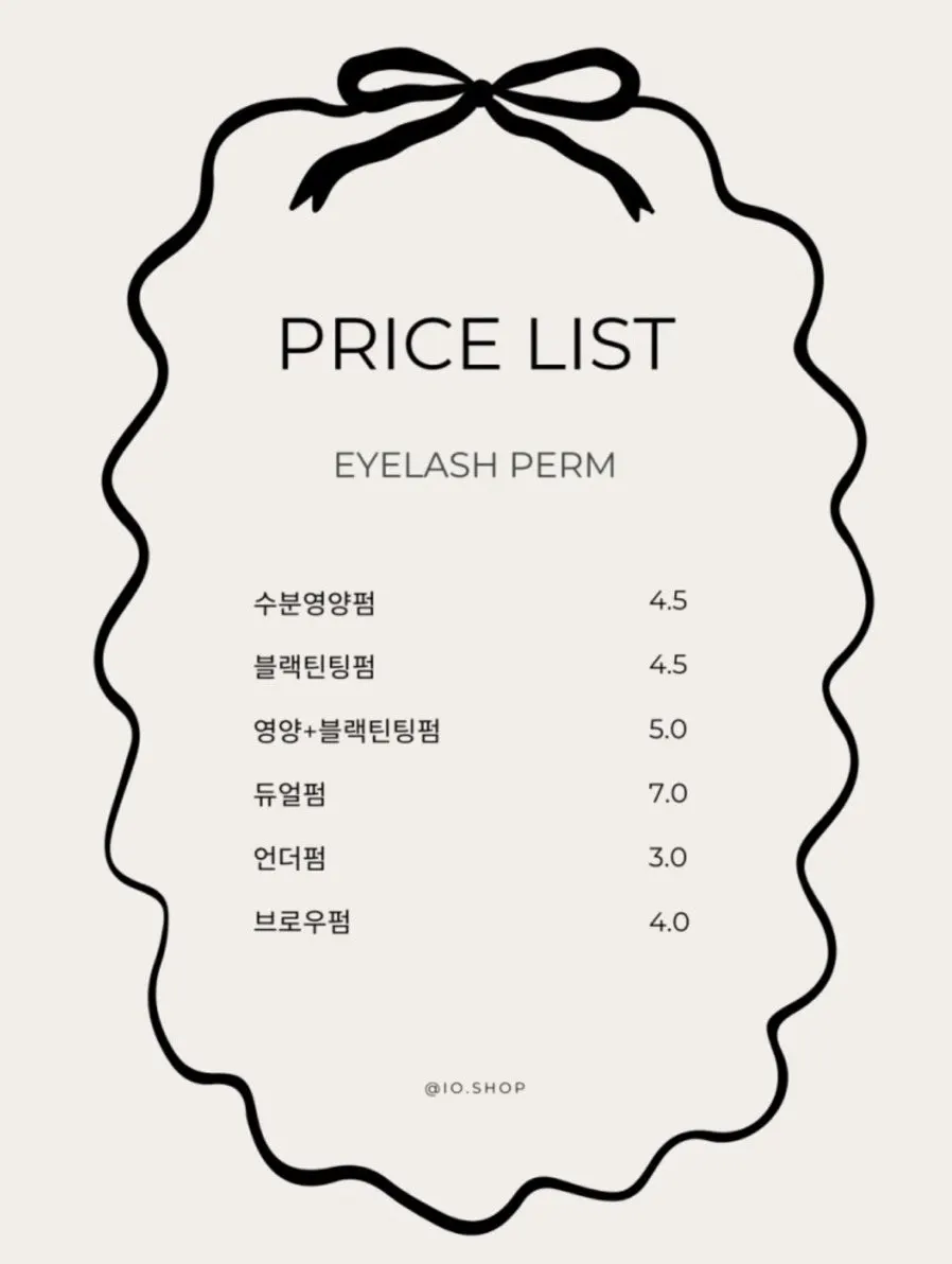 Price list for lash lifts and extensions at Iyo Shop
