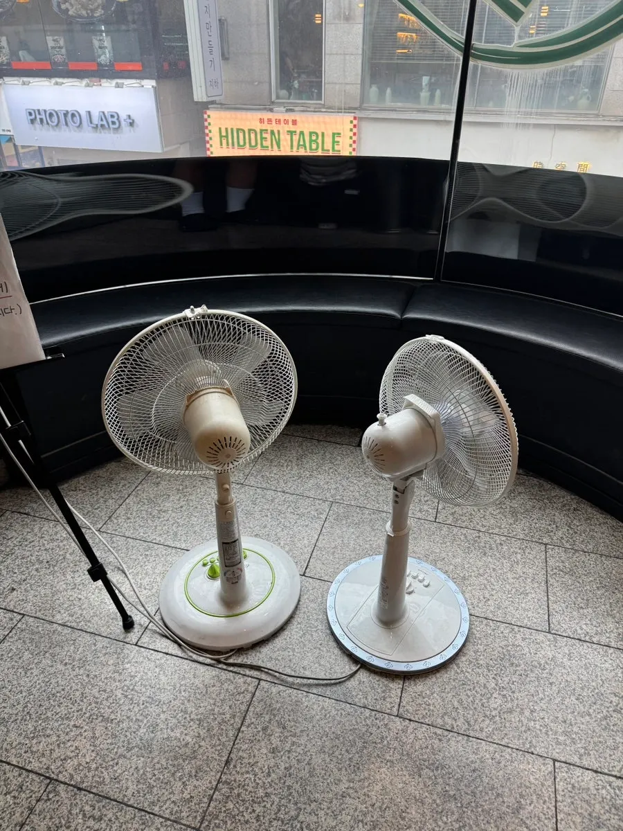 Waiting area at Izawa with two fans placed inside