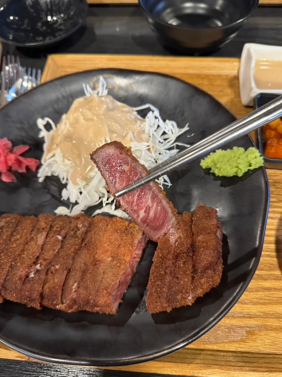 Striploin gyukatsu coated in a thin layer of batter
