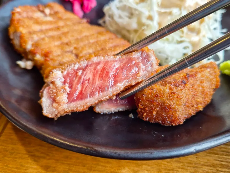 Cross-section of gyukatsu, crisp outside and rare inside