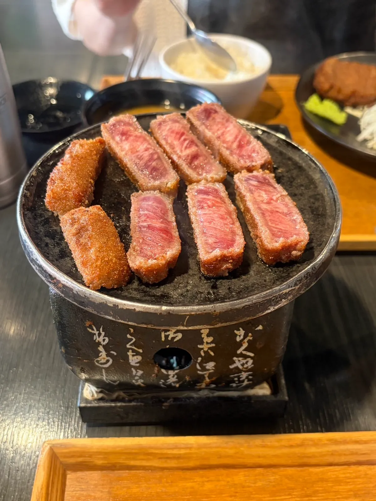 Rice sprinkled with furikake alongside the gyukatsu spread