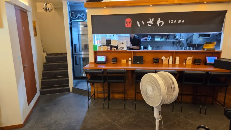 First floor interior with bar table in front of kitchen