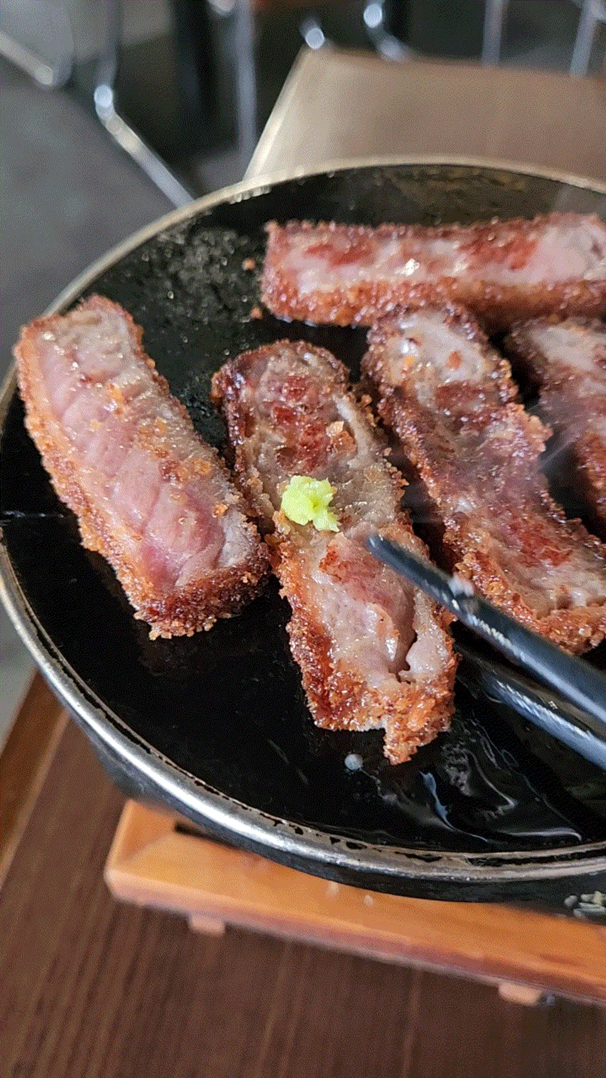 Cross-section of a thick, tender gyukatsu slice