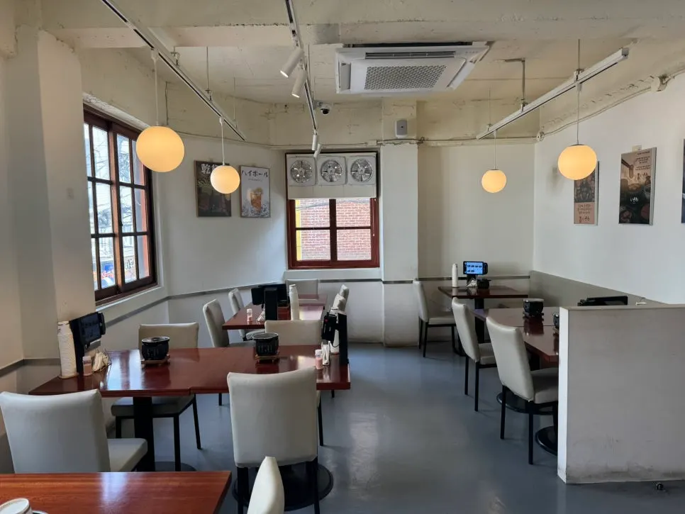 Interior with white walls and wood tables
