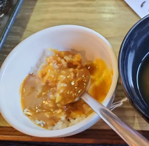 A spoonful combining curry and rice