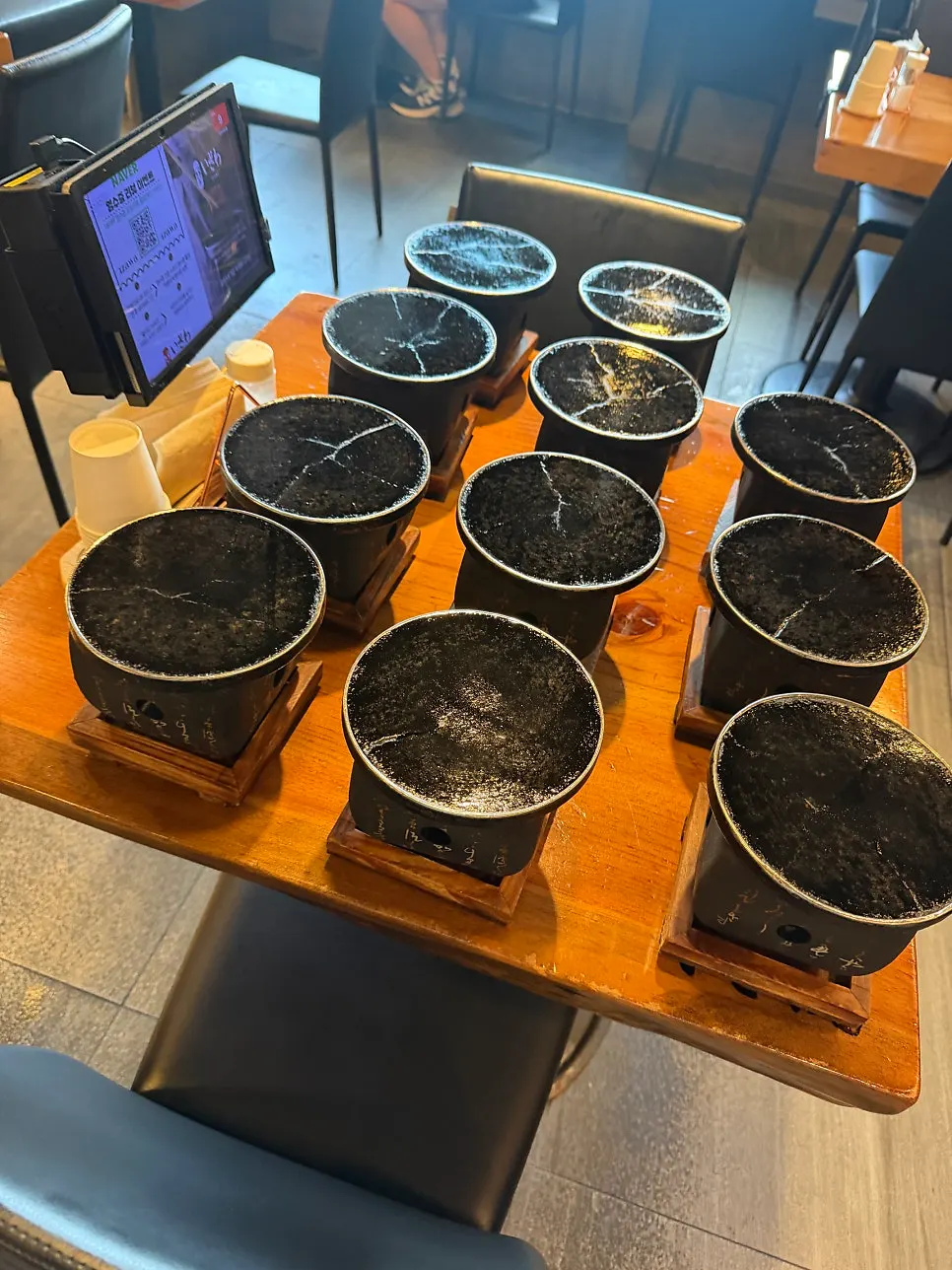Table set up for grilling gyukatsu over charcoal