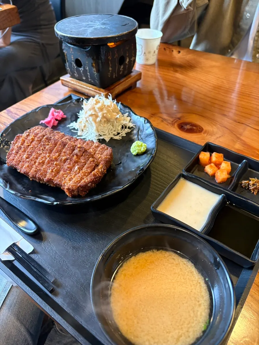 Cross-section of sirloin gyukatsu on a plate