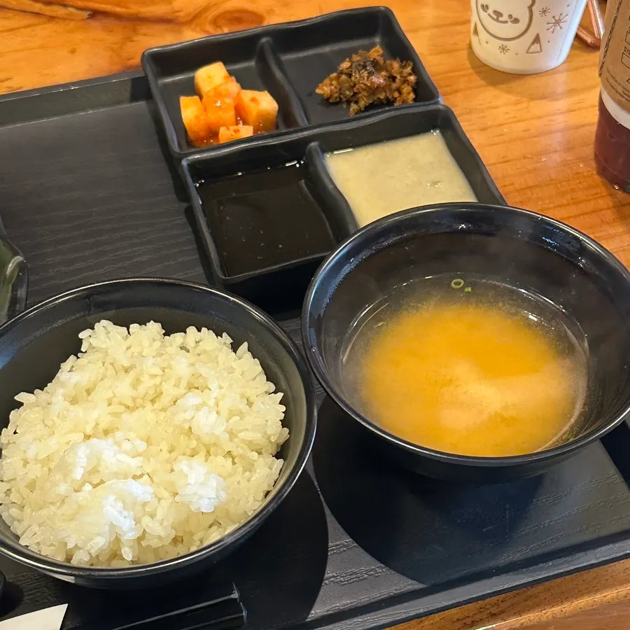 Eating gyukatsu together with rice