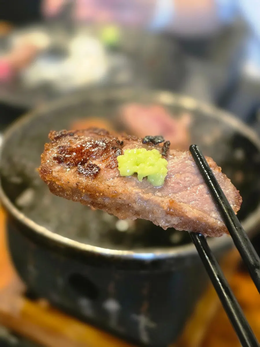 Cross-section of medium-rare gyukatsu with thin batter