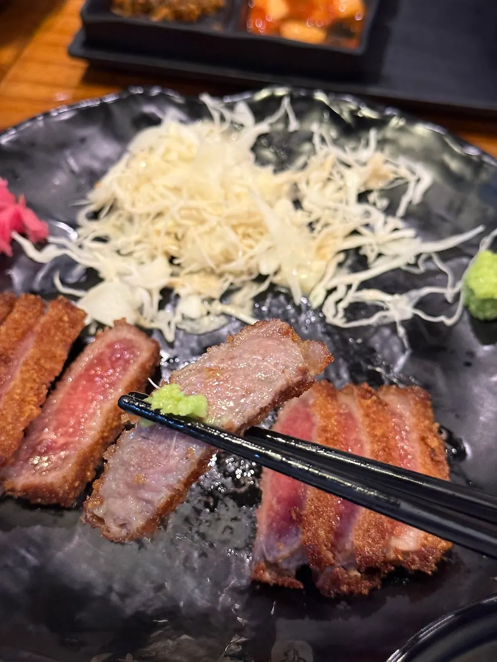 Close-up of Izawa's gyukatsu sliced for easy eating