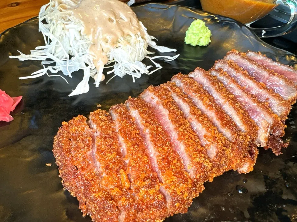A plate of crisply fried Izawa gyukatsu