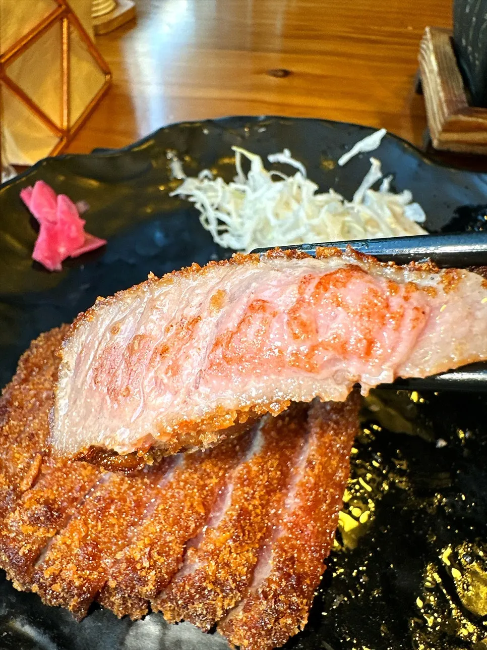 Close-up of a thick piece of gyukatsu