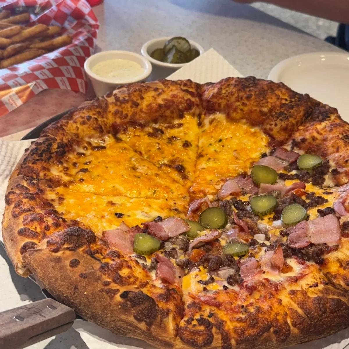 Large half-and-half pizza with Five Cheese and Melting Cheeseburger