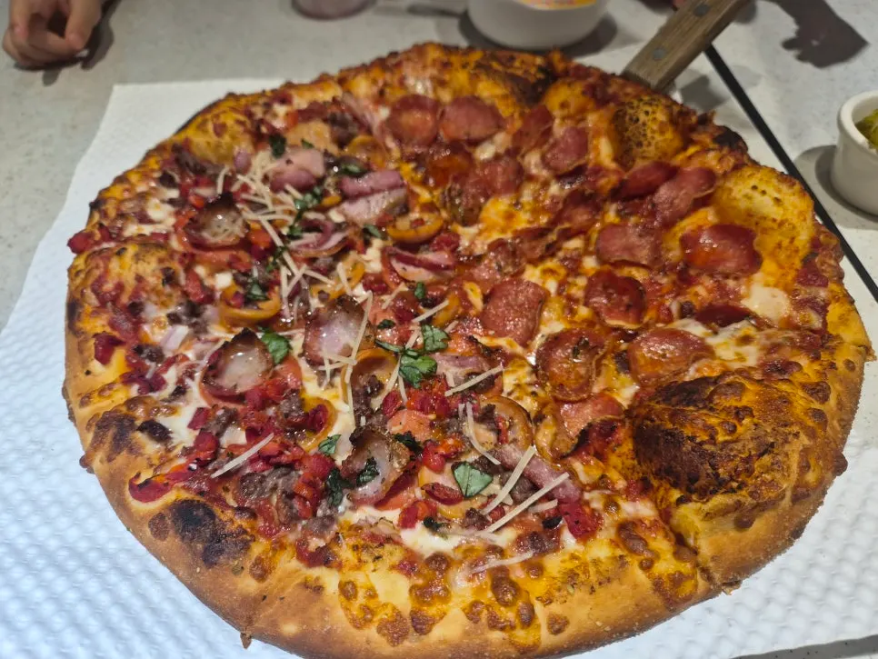 Large half-and-half pizza with pepperoni and Super Jackson