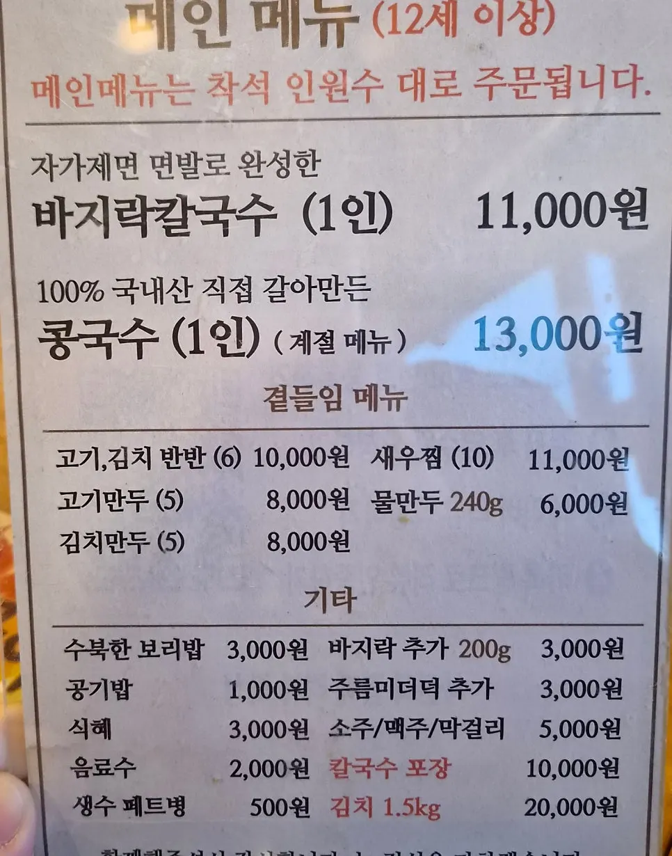 Menu board at Jakdong Hongdukkkae Kalguksu