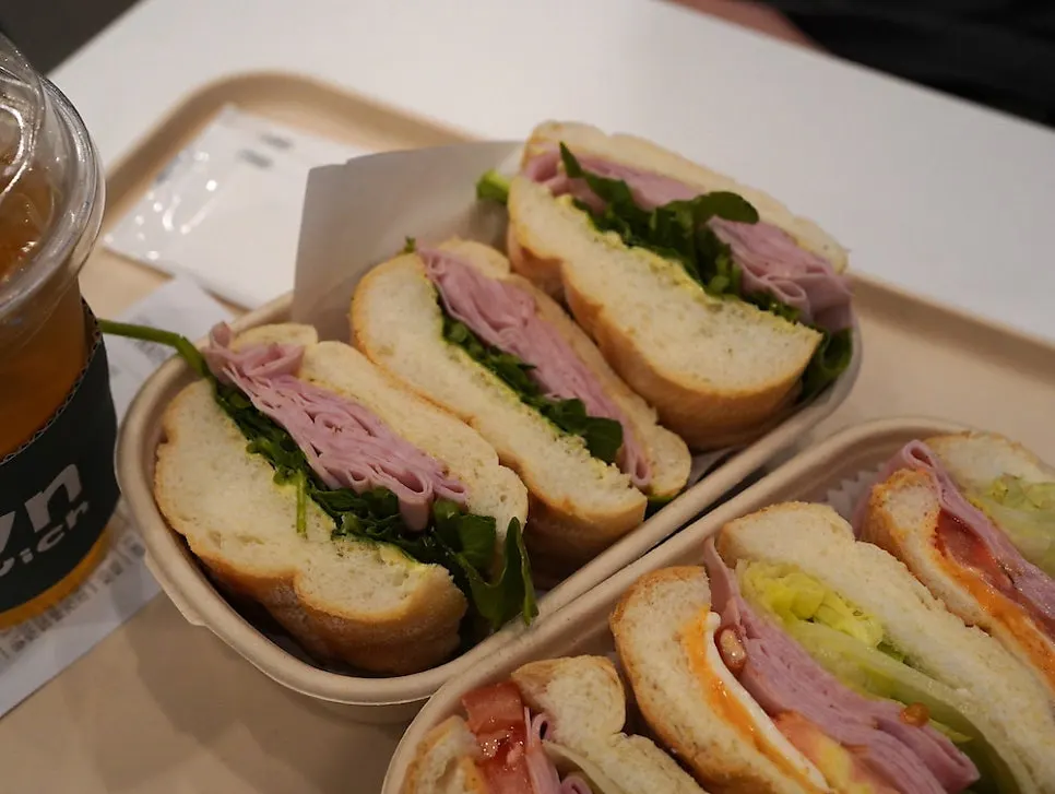 Cross-section of a baguette sandwich cut into three pieces