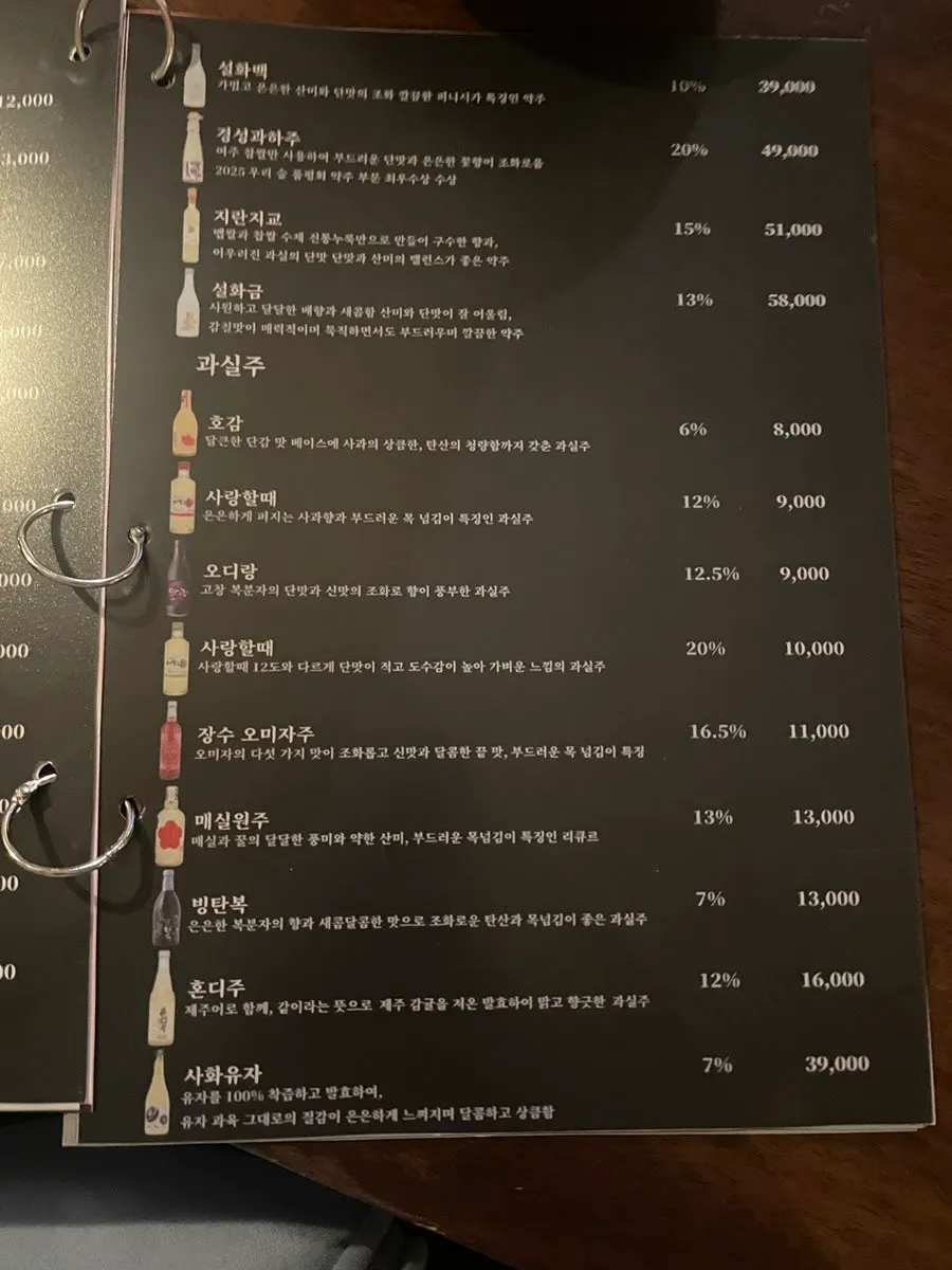 Menu listing braised pork ribs and cream tteokbokki