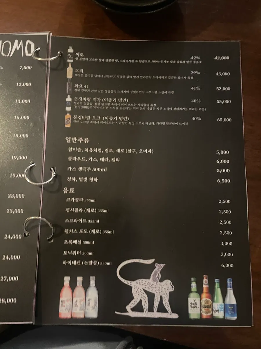 Jojomomo's traditional liquor list menu