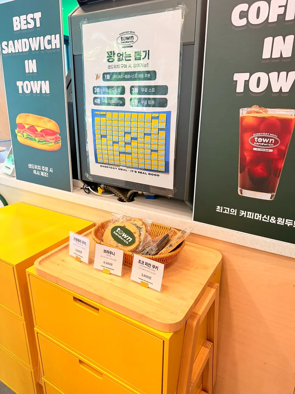 Sandwich shop interior with a bar table and decorative touches
