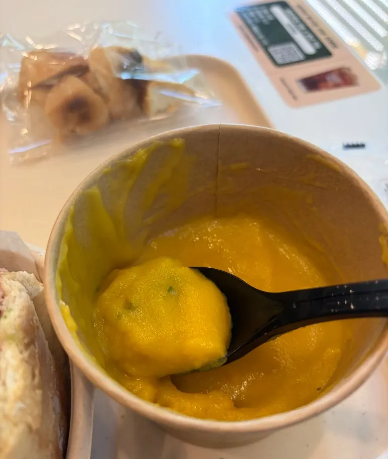 Close-up of the thick-textured pumpkin soup