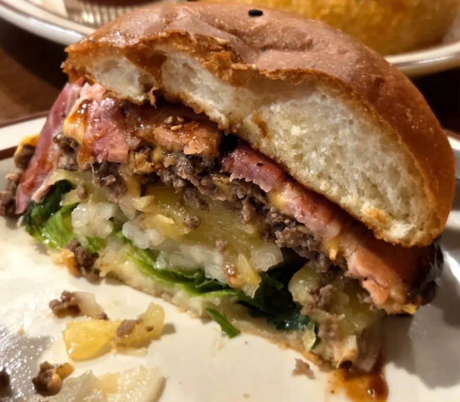Cross-section of the Hawaiian BBQ burger after a bite