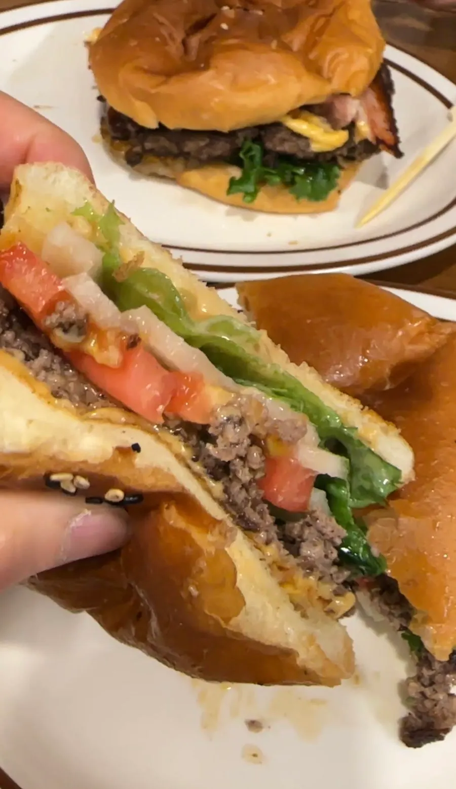 Cross-section of the classic burger and its thick Korean beef patty