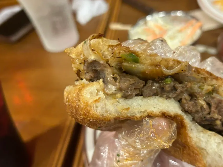 Cross-section of the meat-packed Philly cheese steak sandwich