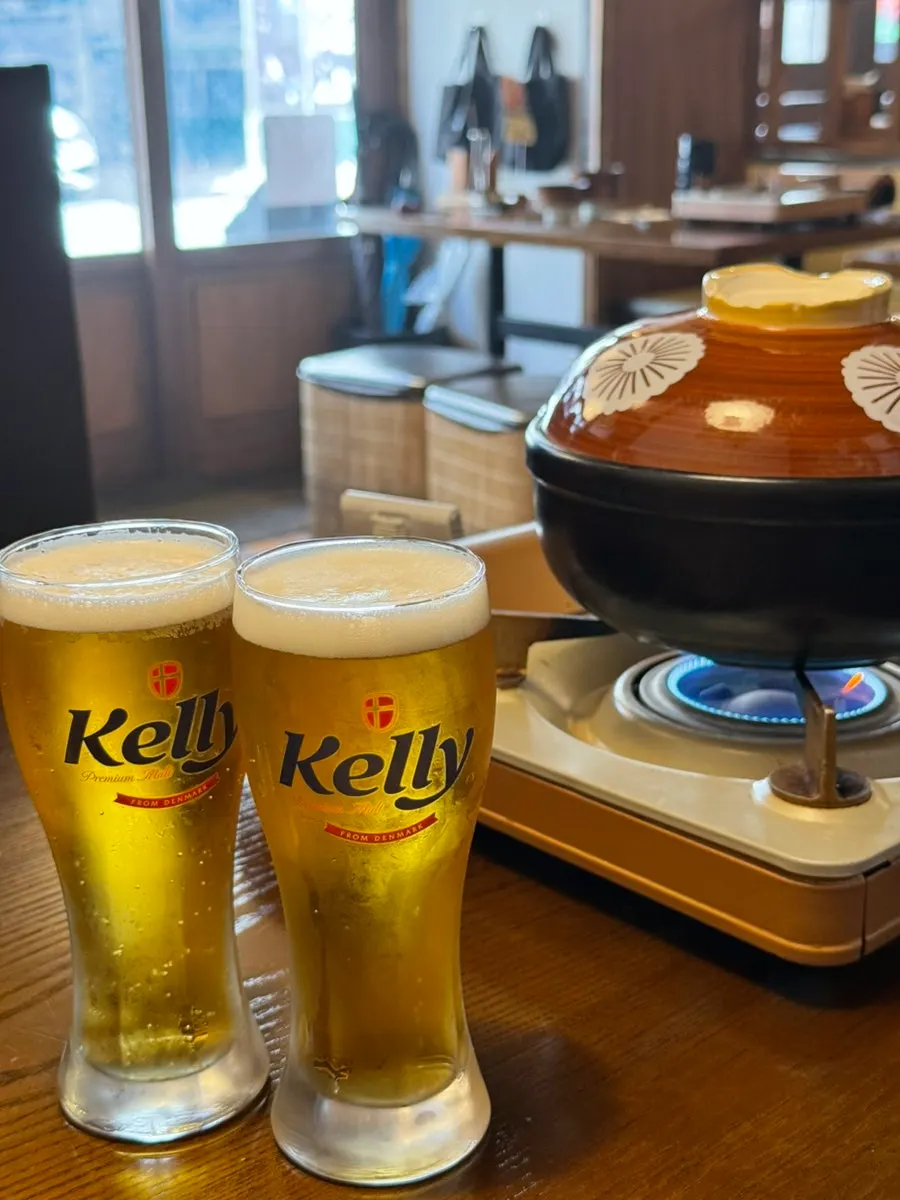 Draft beer enjoyed with the gopchang hot pot