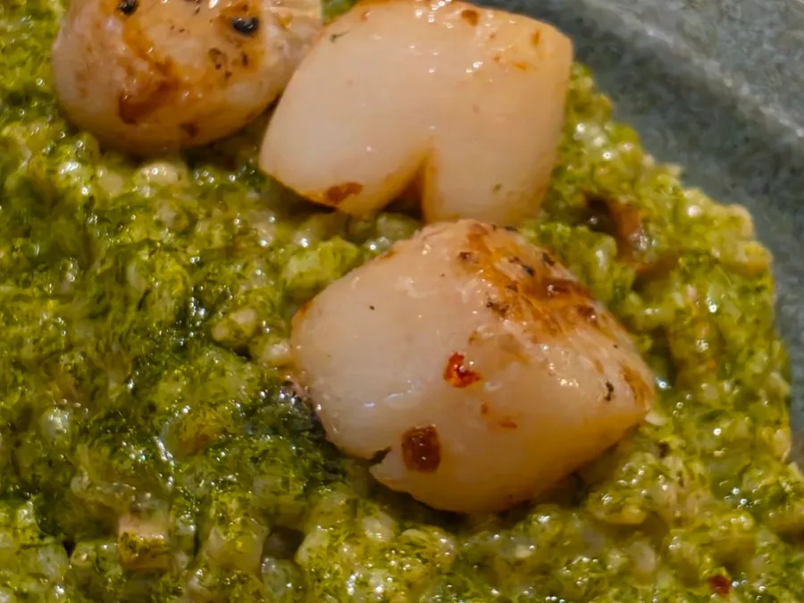 Close-up of the green gim pesto risotto