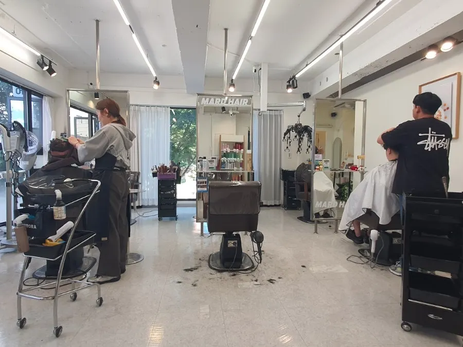 大きな窓から光が差し込むMad Hair店内と美容椅子