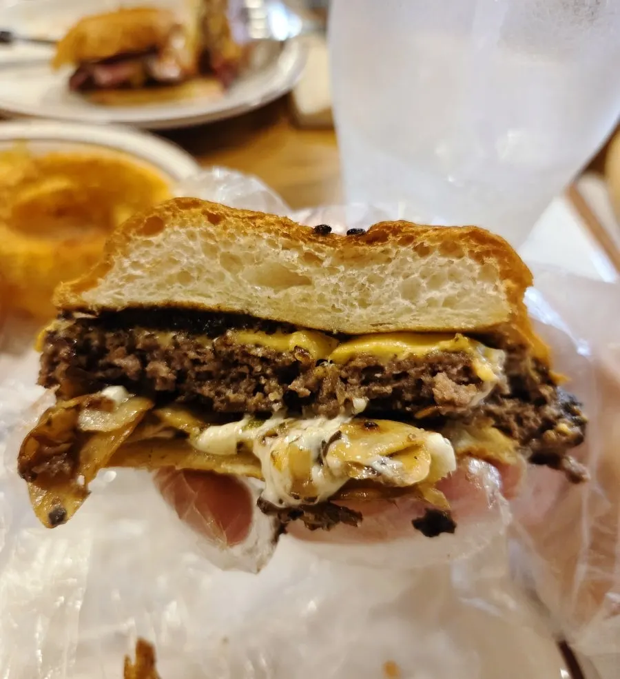 Cross-section of a juicy Korean beef patty burger