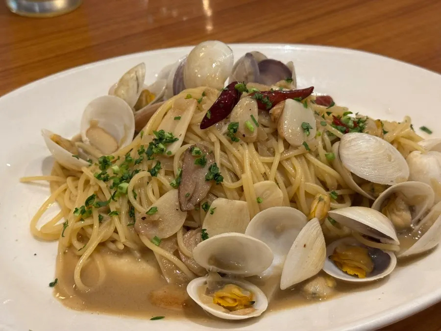 Vongole pasta topped with marsh clams