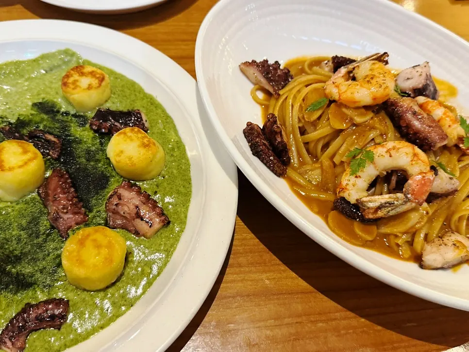 Close-up of gamtae pesto sauce and octopus