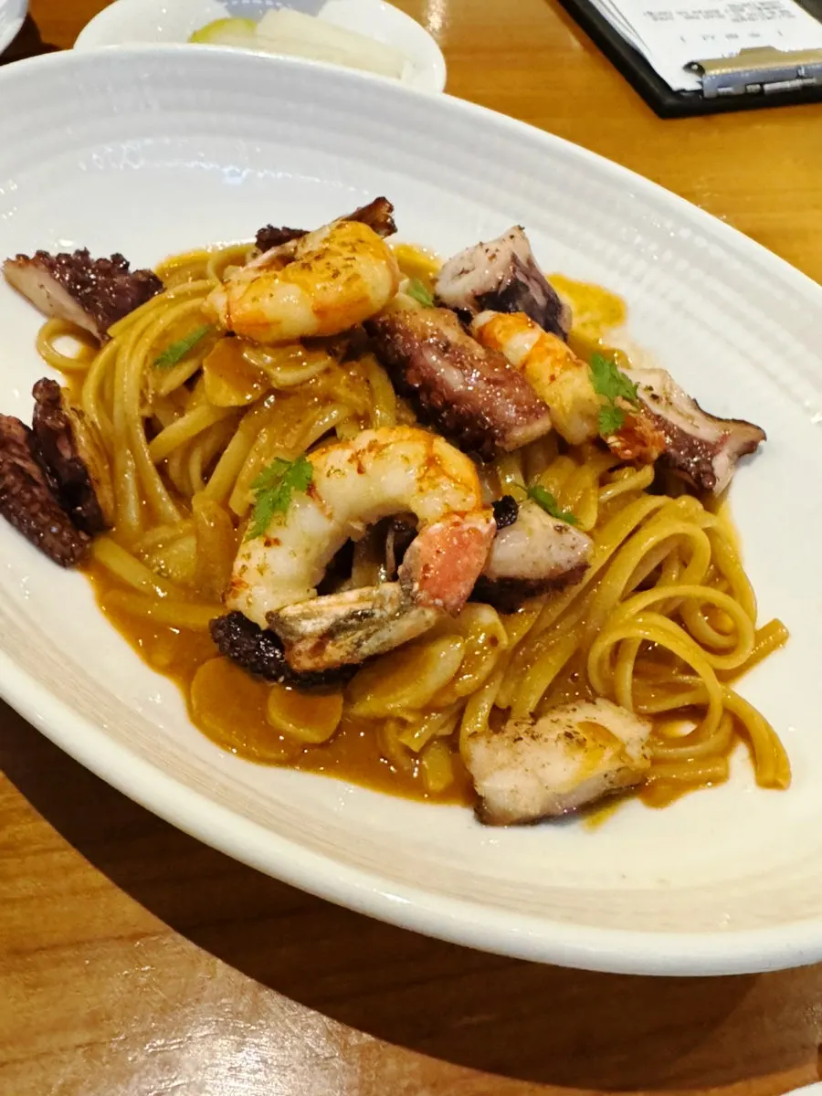 Plate of red shrimp bisque linguine pasta