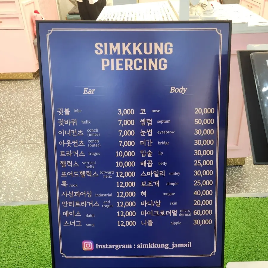 Simkung Piercing procedure prices by placement