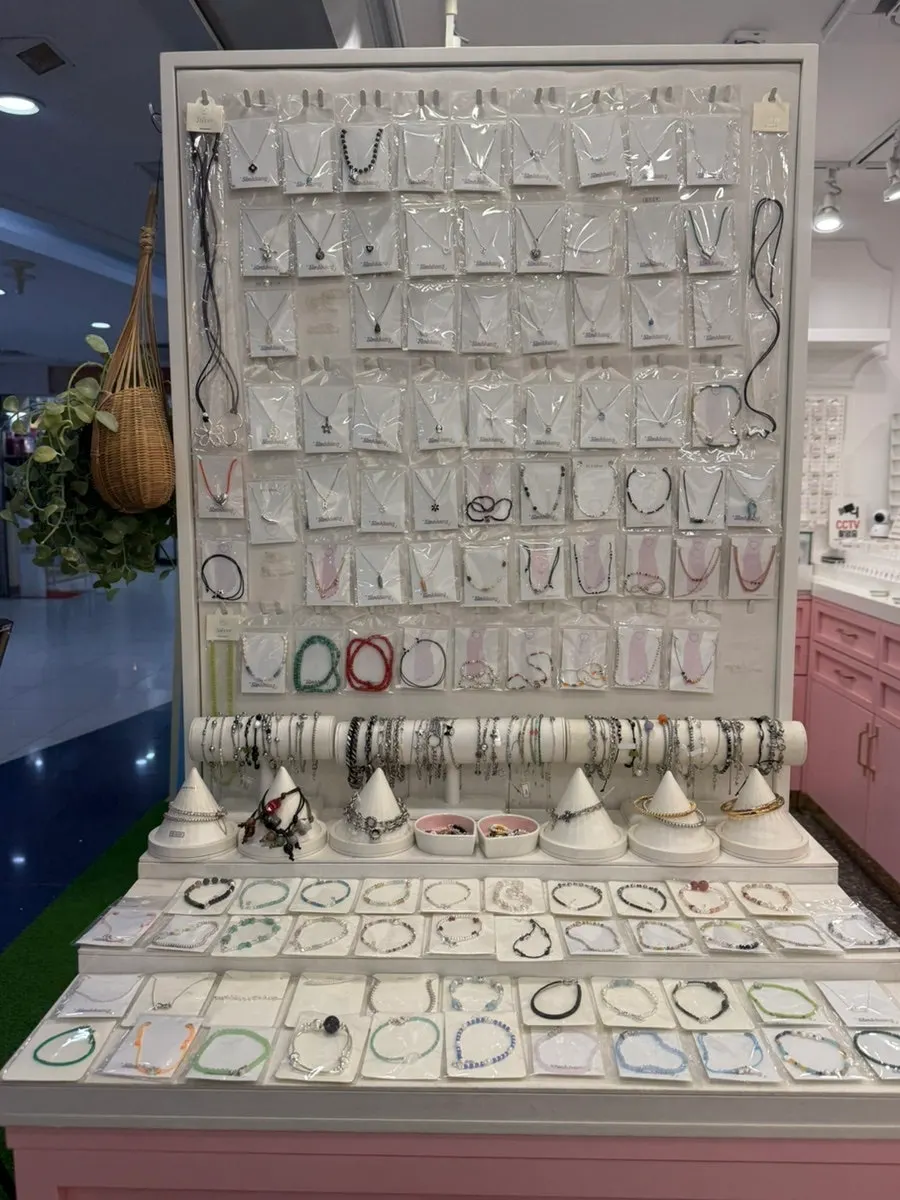 Necklaces and bracelets on display in the shop