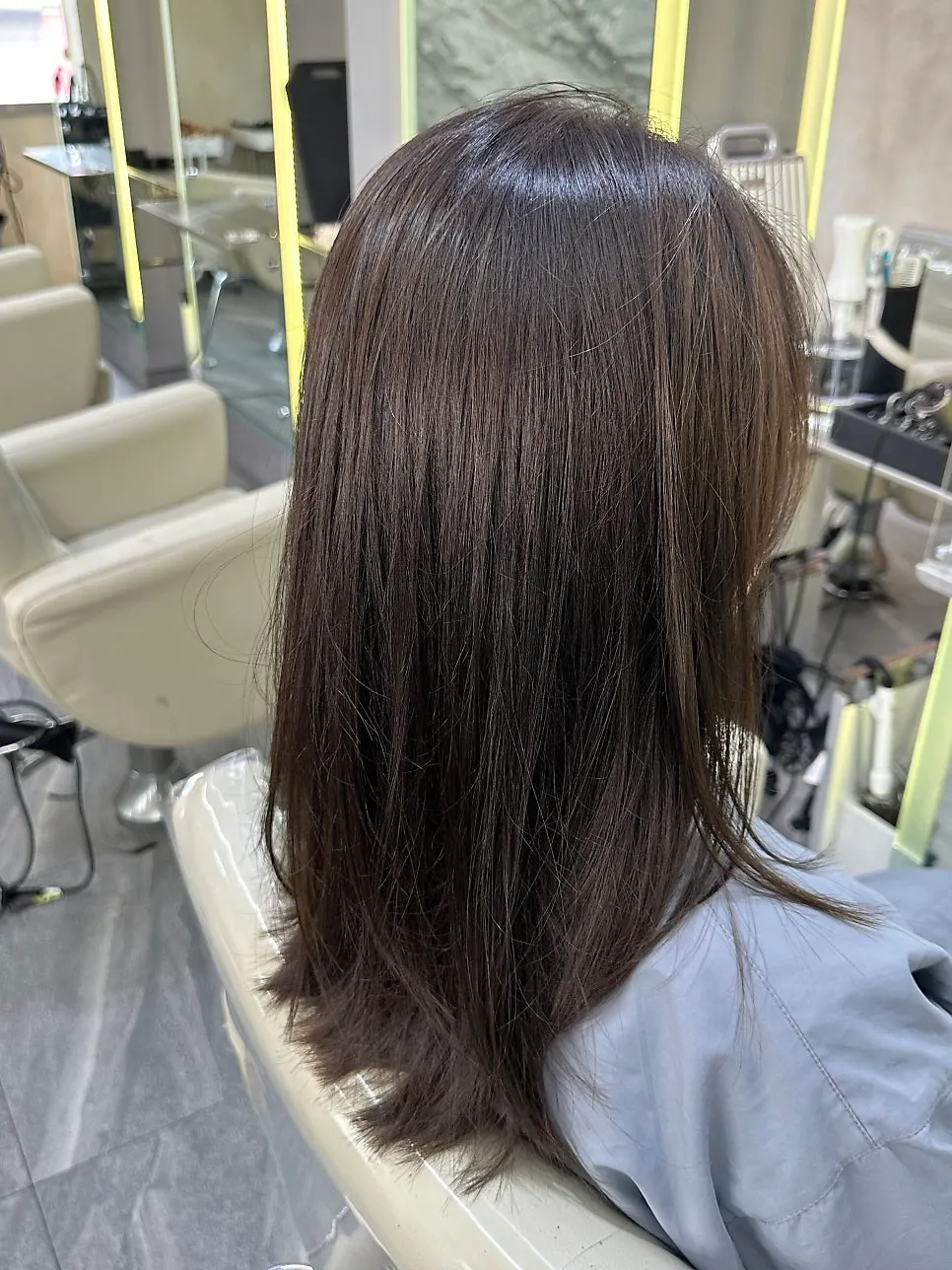 Brown hair with ends trimmed by the cut