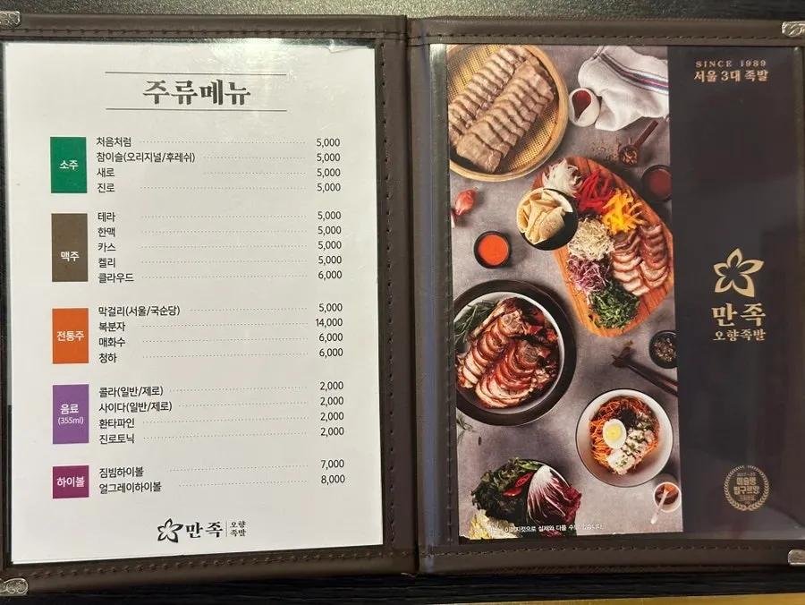Jokbal and bossam menu information