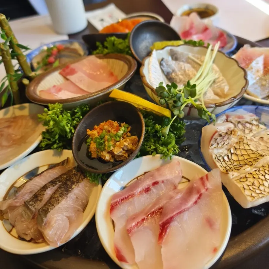 Close-up of thickly sliced aged red seabream sashimi