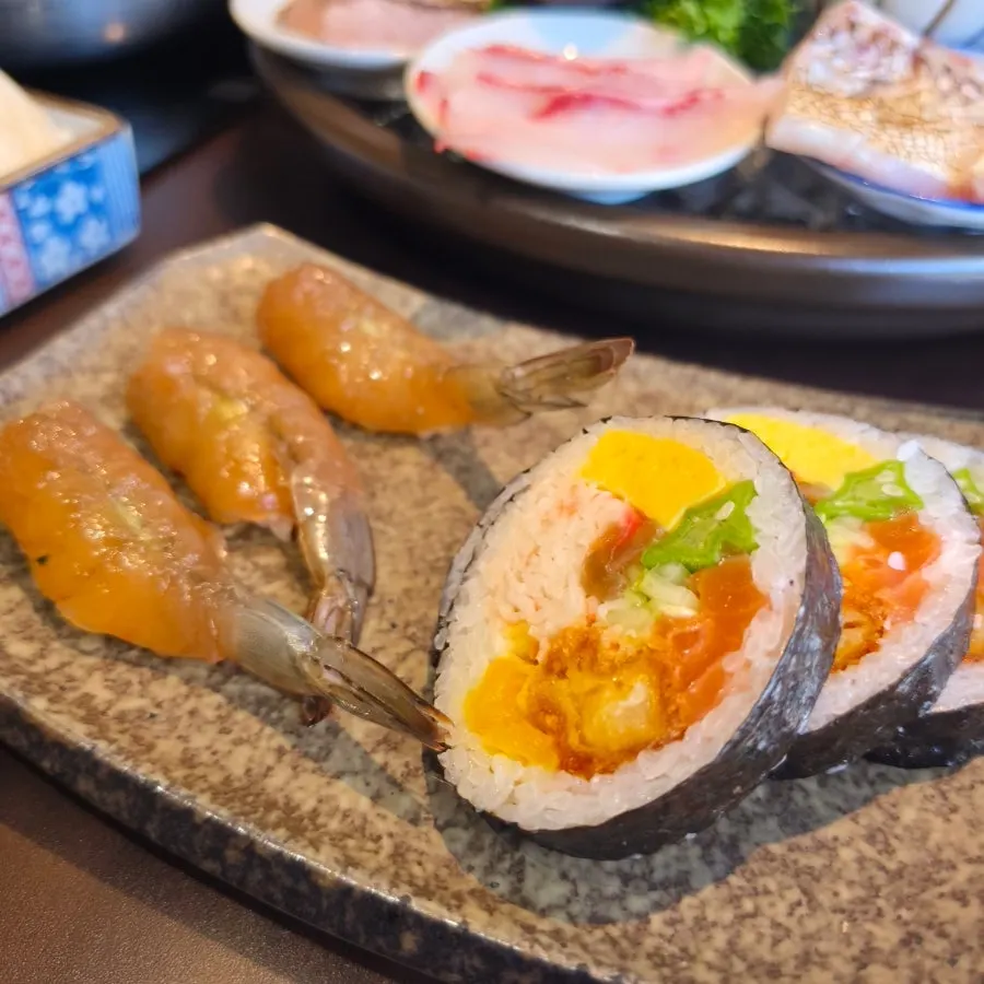 Soy sauce shrimp sushi and futomaki platter