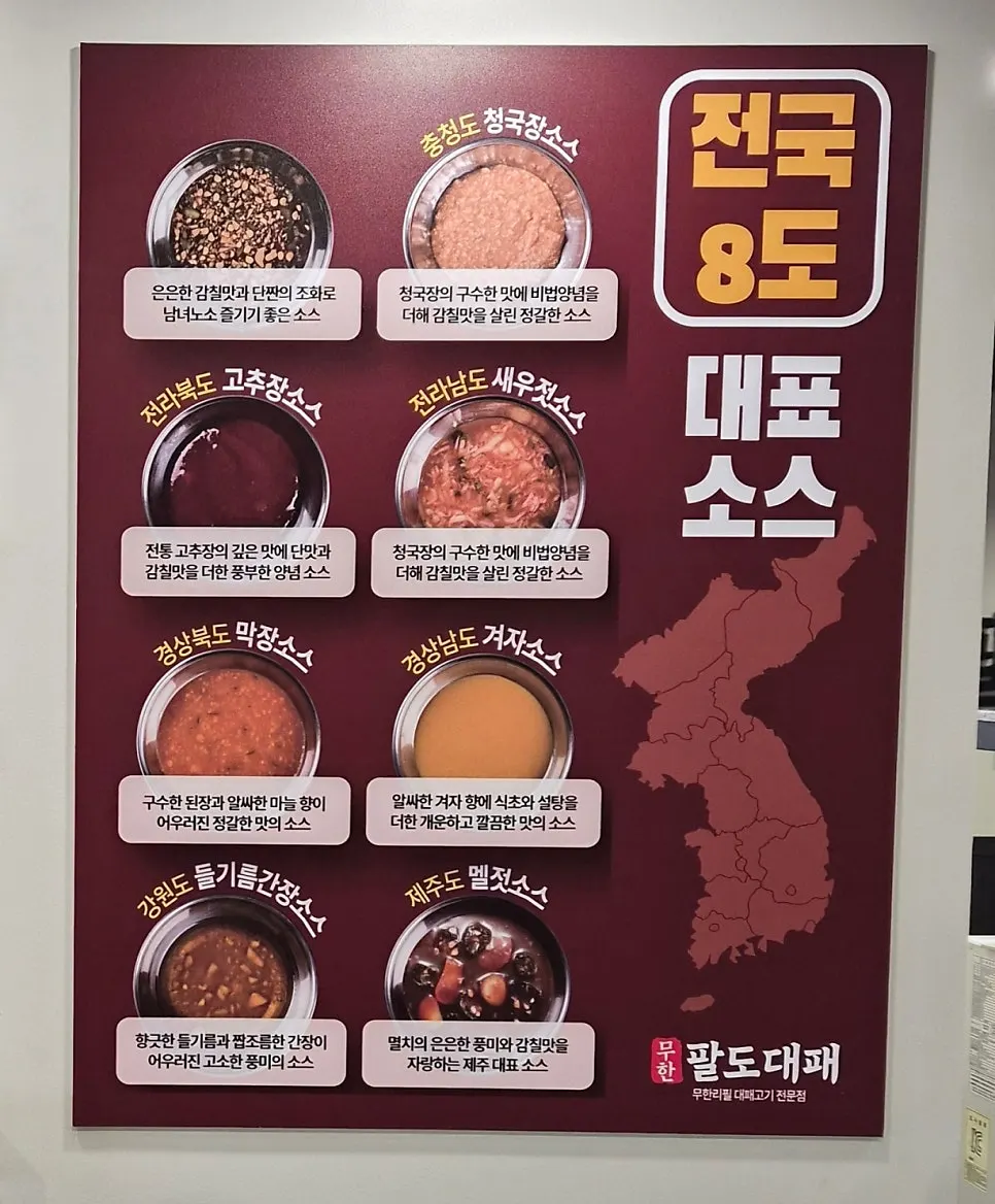 Wall sign explaining the origin of Paldo Daepae's 8 special regional sauces
