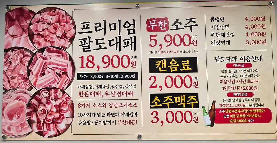 Price board showing ₩18,900 per person for the meat self-serve bar