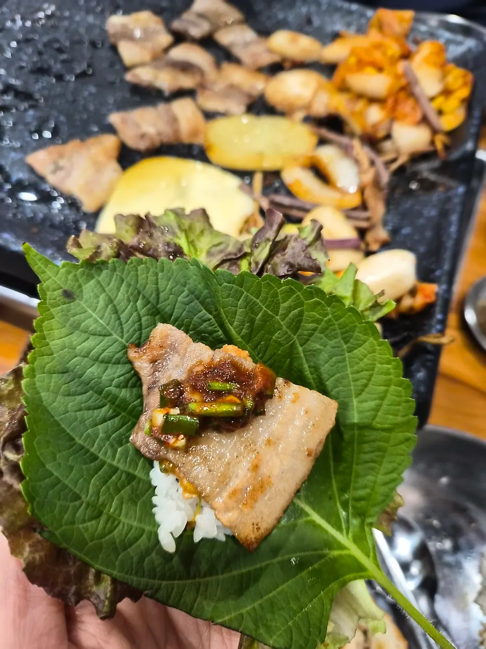 Grill with mushrooms, potatoes, and other roasted vegetables