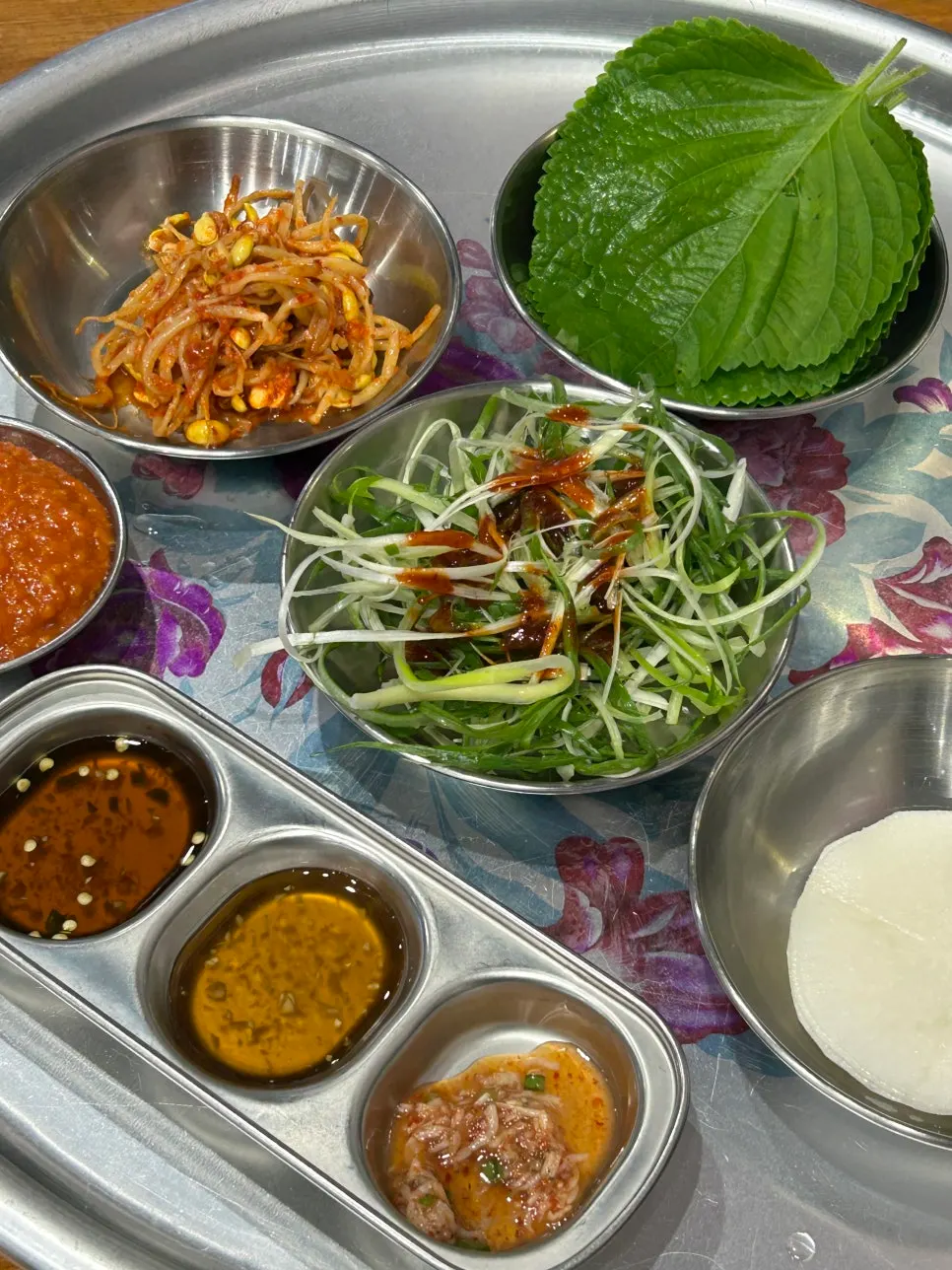About 30 buffet-style self-serve bar dishes