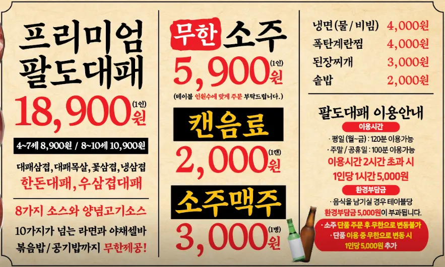 All-you-can-eat menu board at Muhan Paldo Daepae Jamsilsaenae Branch