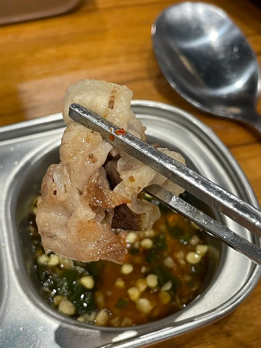 소스에 찍어 먹는 대패 고기 한 점