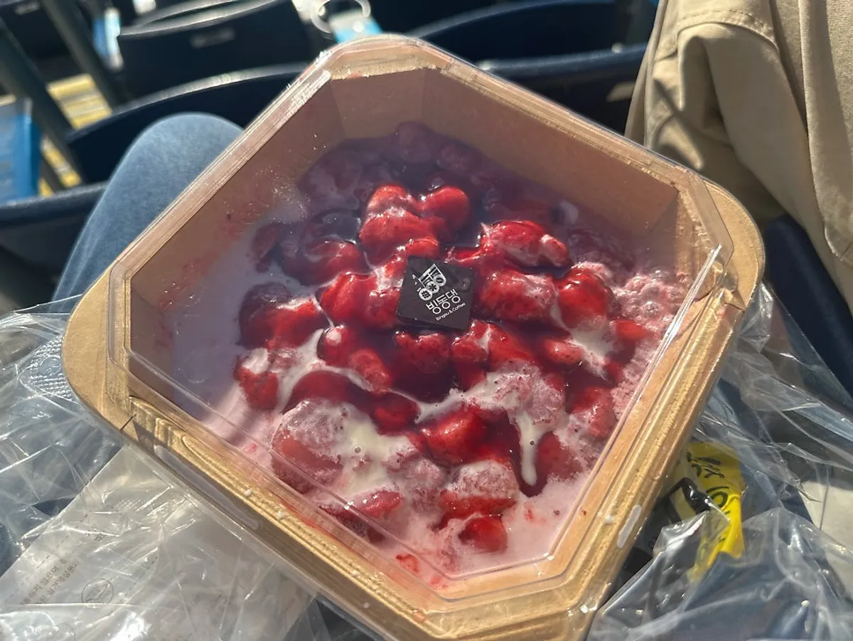 Bingdongdaeng strawberry bingsu with other stadium snacks